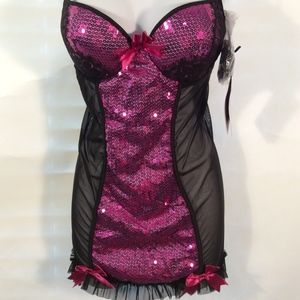 Coquette Sequin Pink Black Mesh Corset Small